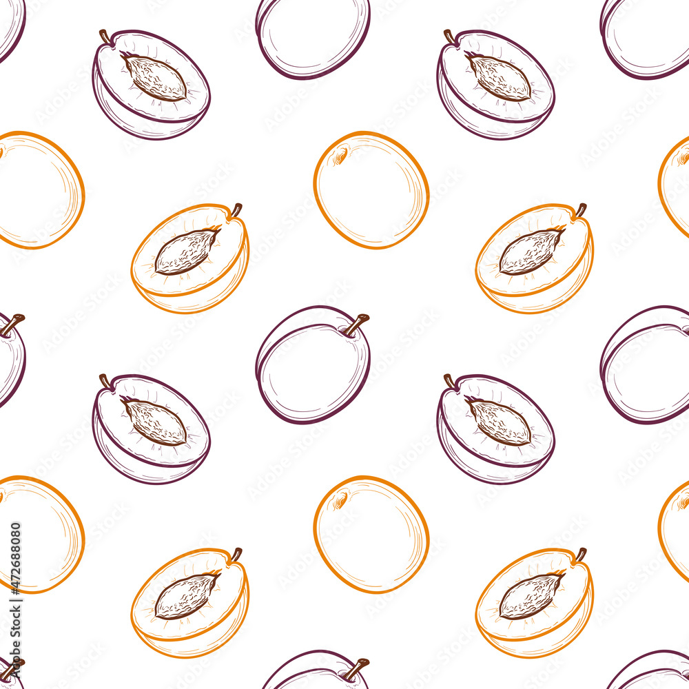 Hand-drawn plum. Vector plum isolated on a white background. Seamless pattern. Hand-drawn plum. Vector plum isolated on a white background. Seamless pattern.