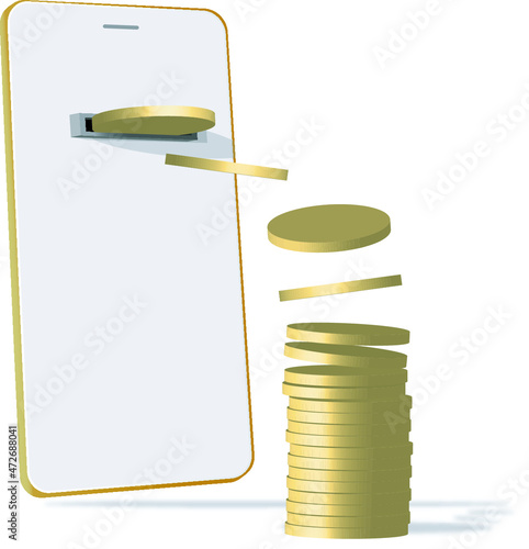 3D illustration of cryptocurrencies in the slot of a smart phone screen next to a pile of more coins. Earn money with the mobile. Concept of payment with mobil and financial investment.