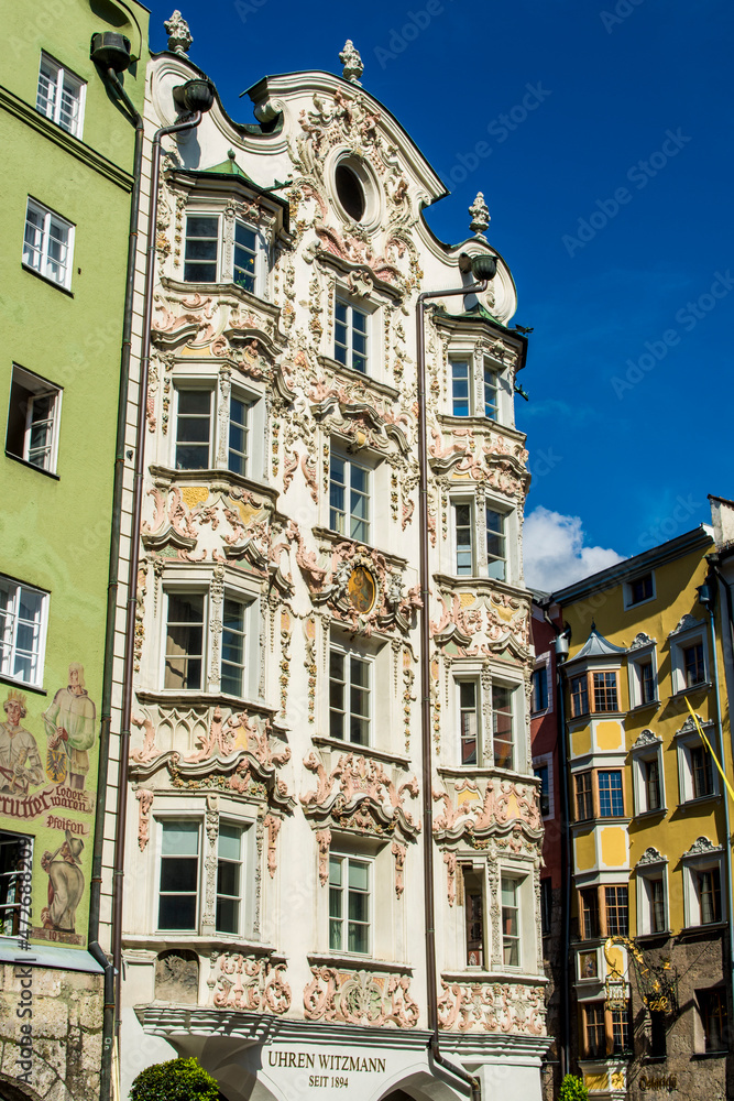 Wall art mural on buildings in Old Town Innsbruck, Tyrol, Austria.