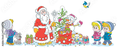 Santa Claus and a funny toy snowman with a snowy Christmas fir tree and a magic bag of holiday gifts for little children, vector cartoon illustration isolated on a white background