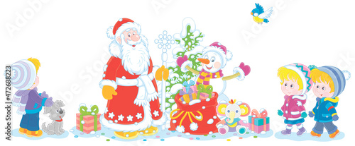 Santa Claus and a funny toy snowman with a snowy Christmas fir tree and a magic bag of holiday gifts for little children, vector cartoon illustration isolated on a white background