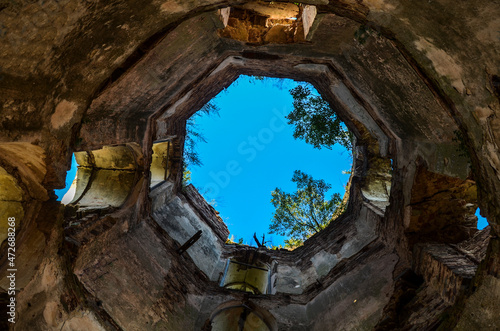 View view from inside at the ruins tower of the old castle in the village of Chervonograd, Ternopil region, Ukraine