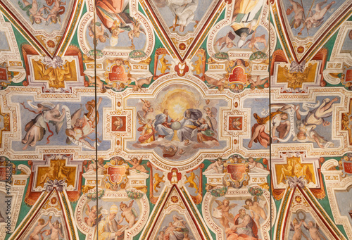 ROME, ITALY - AUGUST 27, 2021: The ceiling fresco The Glory of the Trinity and doctors in Chapel Sancta Sanctorum.