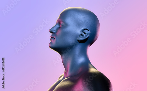 Profile of a man with eyes closed and tears streaming down his face, Three colors of light. light background. 3D illustration.