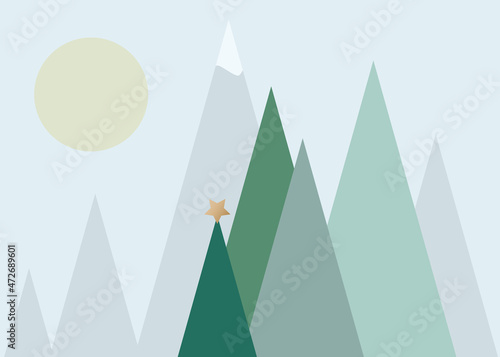 vector illustration of mountains in scandinavian style, nursery wall decor. green fir trees, snow on the top of the mountain, winter. Christmas and New Year in the mountains. Golden star on the tree