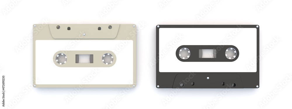Fototapeta premium Retro audio cassette tapes with blank labels isolated on white background. 3d illustration