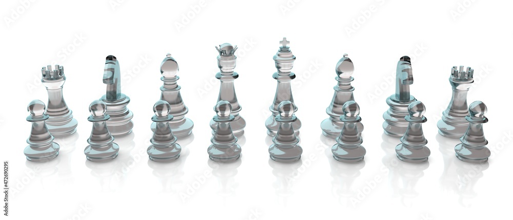 Chess pieces set isolated on white color background, Glass figures ready to play.  3d illustration Stock Illustration | Adobe Stock