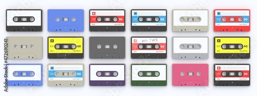 Vintage audio cassettes background, banner. Retro music concept. 3d illustration