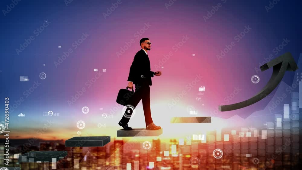 Vidéo Stock Business man climbing up stair steps to career success with ...