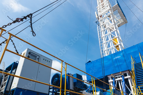 Mobile drilling rig close-up. Drilling and servicing oil and gas wells