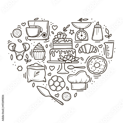 Isolated baking set. Cute hand drawn kitchen tools and baked goods with desserts. vector illustration in black outline and white plane on white background.