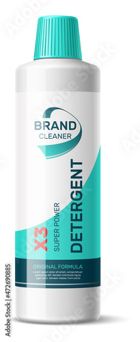 Realistic detergent package design. Plastic bottle with blue label template