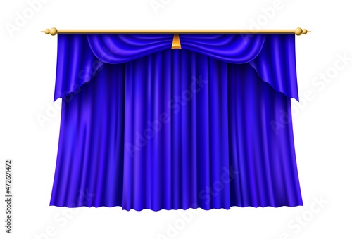 Blue drapery covering scene. Big opening event. Folded curtains in realistic style