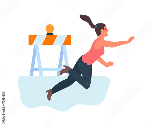 Woman slipping on ice or wet surface. Girl falling down