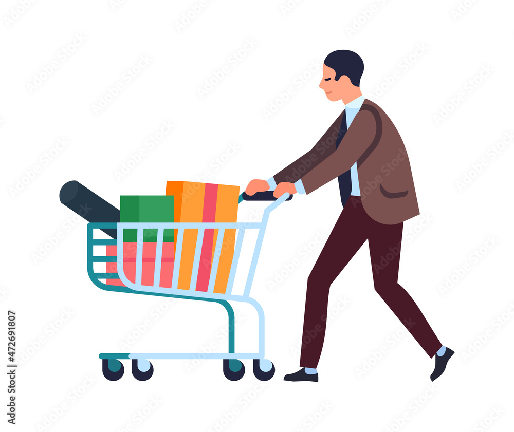 Man walking with full shopping cart. Person buy many purchases Man walking with full shopping cart. Person buy many purchases