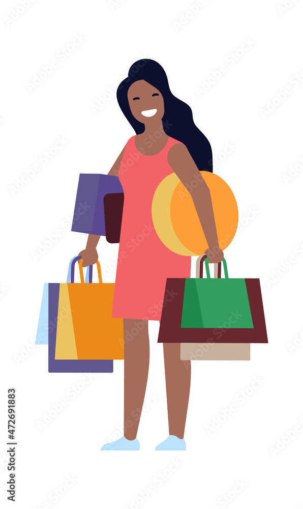Woman carrying shopping bag with purchases. Big seasonal sale buyer Woman carrying shopping bag with purchases. Big seasonal sale buyer