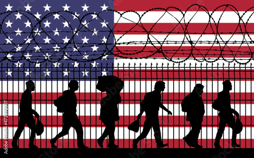 United States flag. Refugees near barbed wire fence. Immigrants used as a political weapon for Hybrid Attack