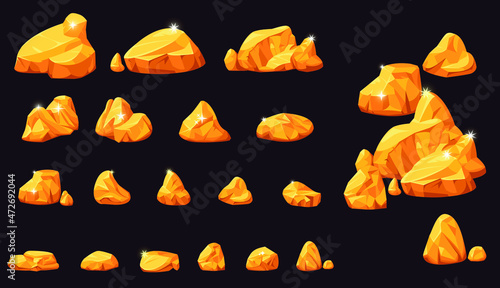 Vector illustration of gold nuggets, set of golden stones isolated on dark background, shiny gold in nature, large medium and small size