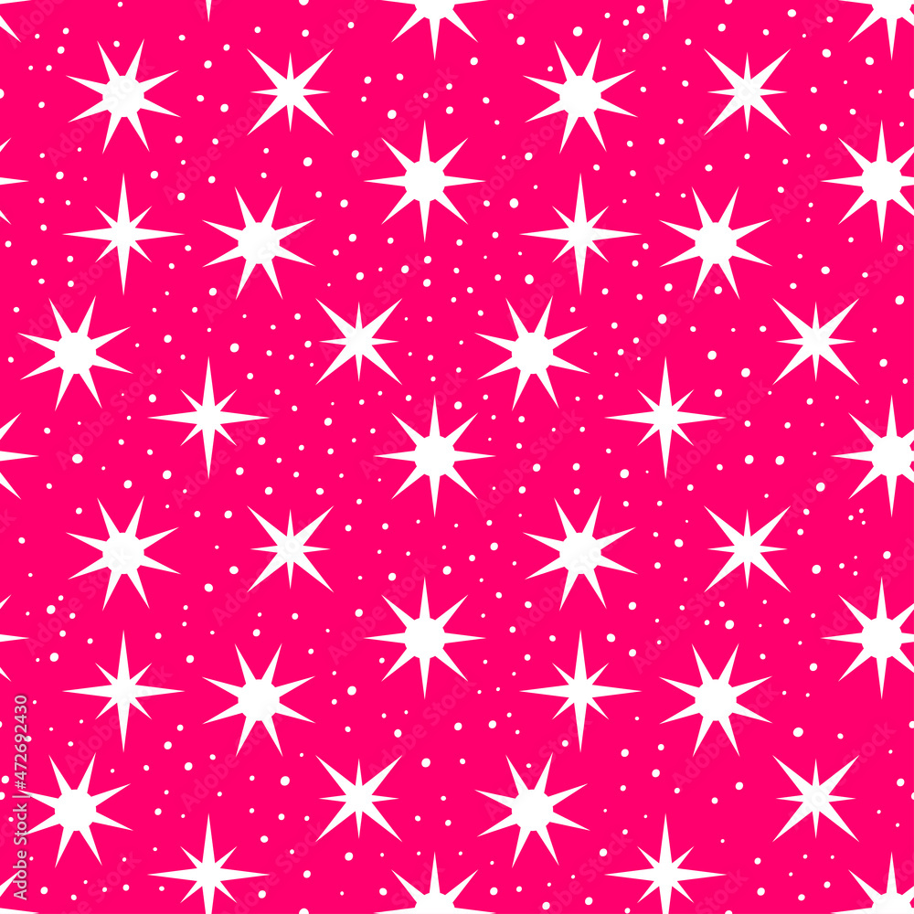 White stars seamless pattern. Celestial pattern with pink background. White stars seamless pattern. Celestial pattern with pink background.