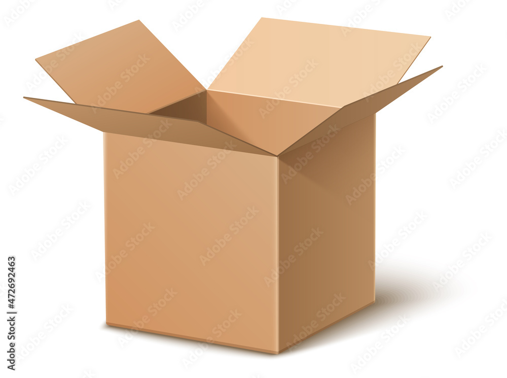 Open delivery box. Brown cardboard package. Realistic paper container Open delivery box. Brown cardboard package. Realistic paper container