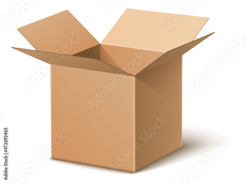 Open delivery box. Brown cardboard package. Realistic paper container