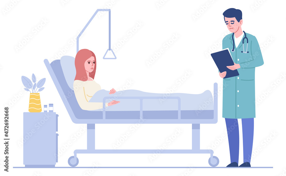 Woman laying in hospital bed and talking to doctor. Patient consultation Woman laying in hospital bed and talking to doctor. Patient consultation