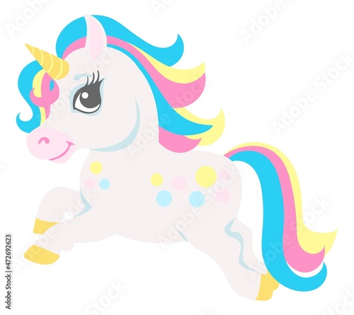 Magic unicorn running. Happy fantasy creature in cute cartoon style