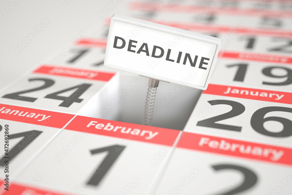 DEADLINE plate on January 25 in calendar, conceptual 3d rendering DEADLINE plate on January 25 in calendar, conceptual 3d rendering