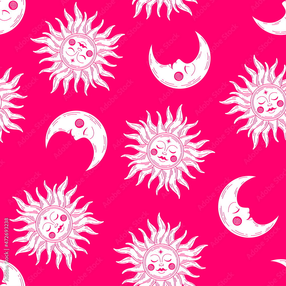 Obraz premium Prink seamless pattern with white sun and moon.