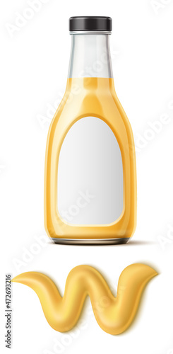 Realistic mustard bottle with sauce spill. Glass container mockup with blank label