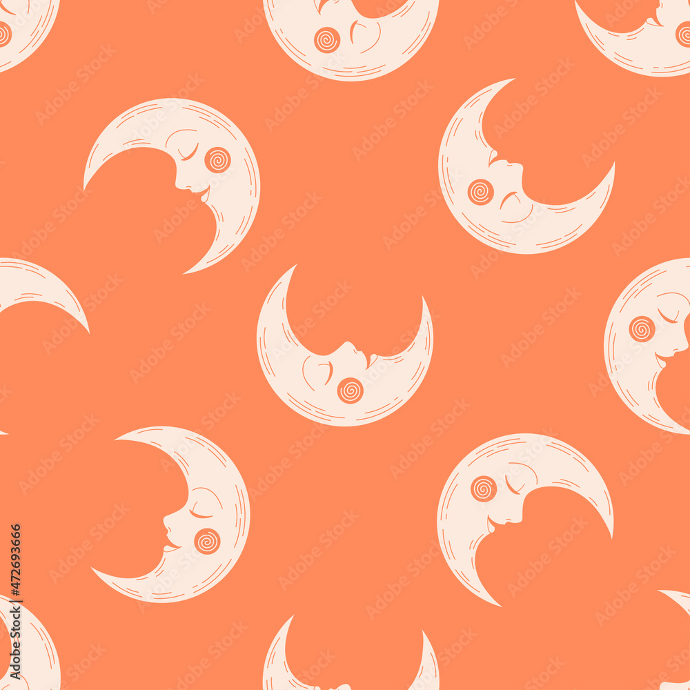 Obraz premium Orange seamless pattern with pink moon.
