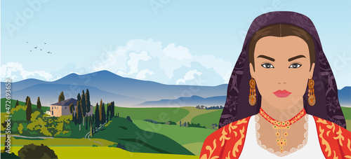 Portrait of a beautiful italian woman in national dress on the background of a Val d'Orchia Tuscany Italy.Vector illustration of a flat design.