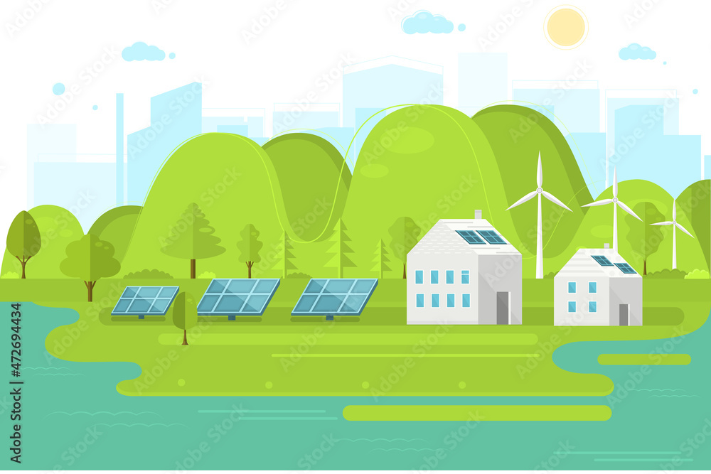 Vector poster with solar panels and city view. Eco city. Conservation of nature.