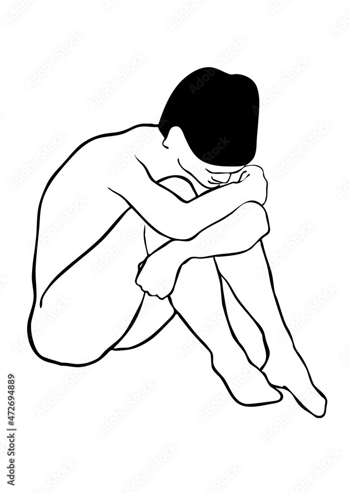 Naklejka premium Black and white sitting nude body drawing 