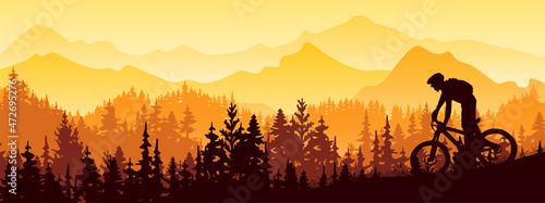 Silhouette of mountain bike rider in wild nature landscape. Mountains, forest in background. Magical misty nature. Blue and green illustration.