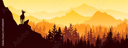 A chamois stands on top of a hill with mountains and forest in the background. Black silhouette with orange, yellow and brown background. Illustration.