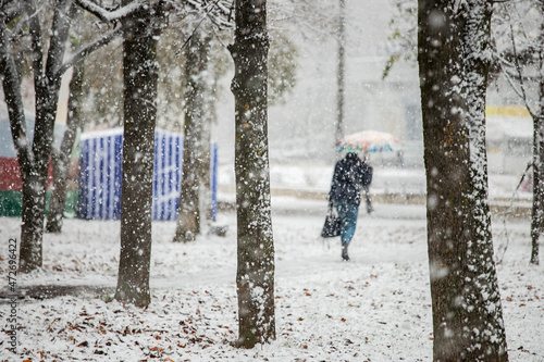 Quadro em tela the city was covered by a snow storm, cold, climate change, movement is paralyze