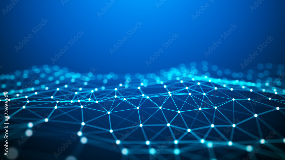 Abstract technological blue background. A wave with connecting dots and lines. Scientific data. Large digital background. 3d rendering. Abstract technological blue background. A wave with connecting dots and lines. Scientific data. Large digital background. 3d rendering.