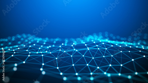 Abstract technological blue background. A wave with connecting dots and lines. Scientific data. Large digital background. 3d rendering.
