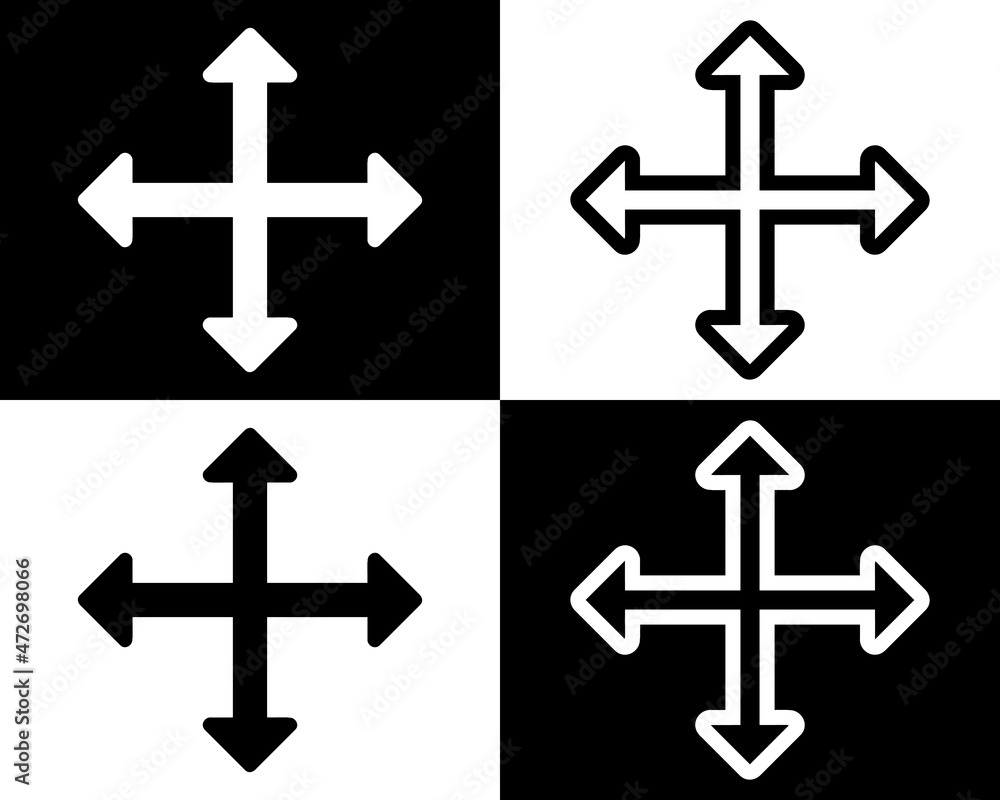 Black and White Four Side Arrow. Four direction arrow icon for your project. Four Arrow icon illustration isolated vector sign symbol. Flat design style. Vector icon on white and black background Black and White Four Side Arrow. Four direction arrow icon for your project. Four Arrow icon illustration isolated vector sign symbol. Flat design style. Vector icon on white and black background