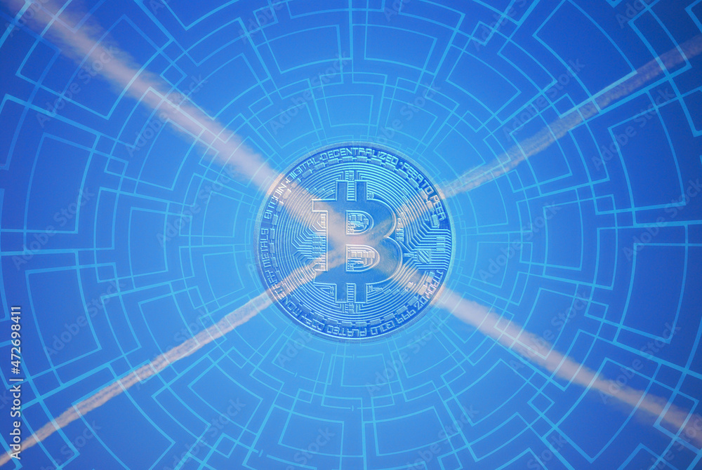cross from contrails and a technology pattern with a blue bitcoin
