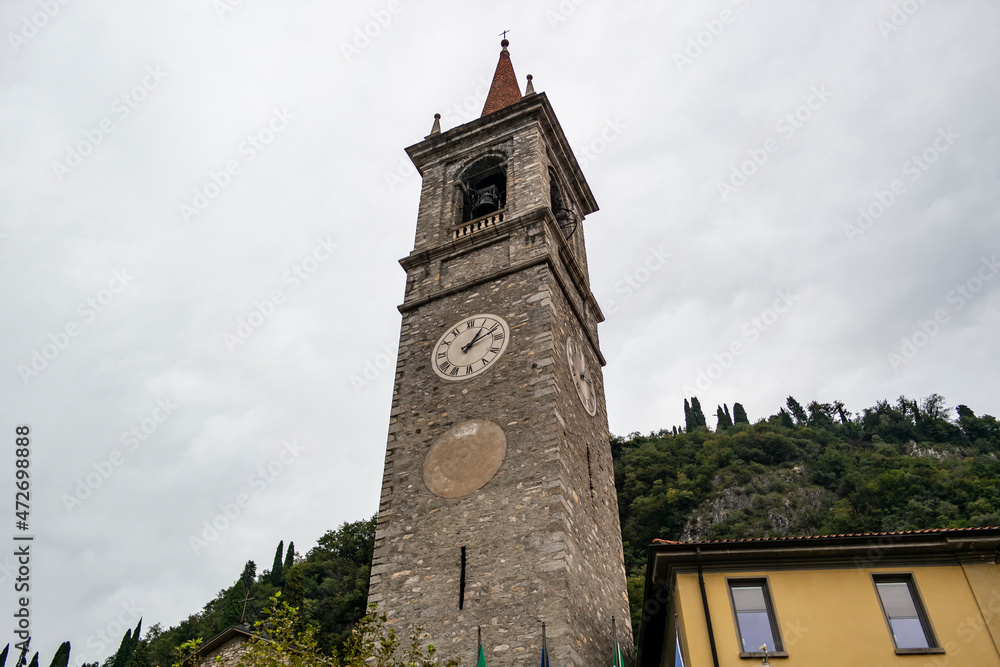 View on a bell tower in Varenna on Lake Como, Lombardia - Italy