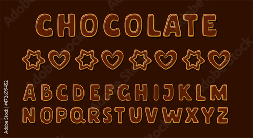 Chocolate cookies alphabet and glazed font. Sweet biscuits in shape of english letters and heart and star shape. Cartoon Vector illustration