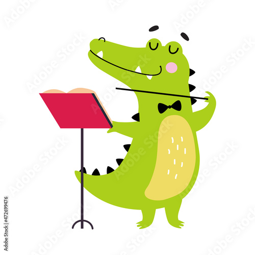 Funny Green Crocodile Character in Bow Tie Conducting with Stick on the Concert Vector Illustration