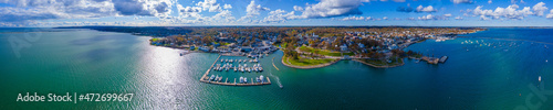 Plymouth Bay and Plymouth Village Historic District panoramic aerial view, including Antique ship Mayflower, in town center of Plymouth, Massachusetts MA, USA. 