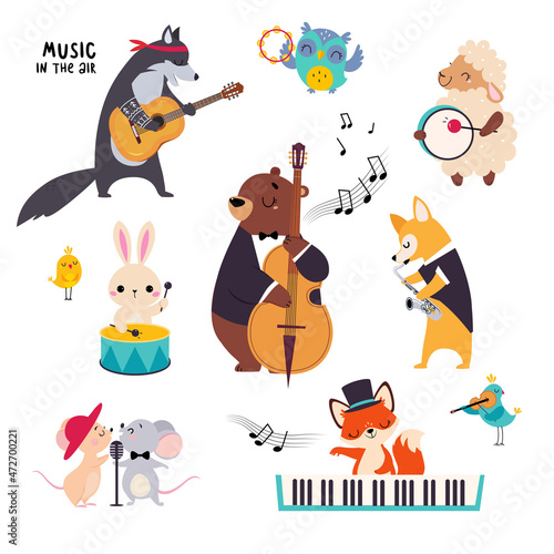 Cute Animal Characters Playing Musical Instruments Performing Concert Vector Set