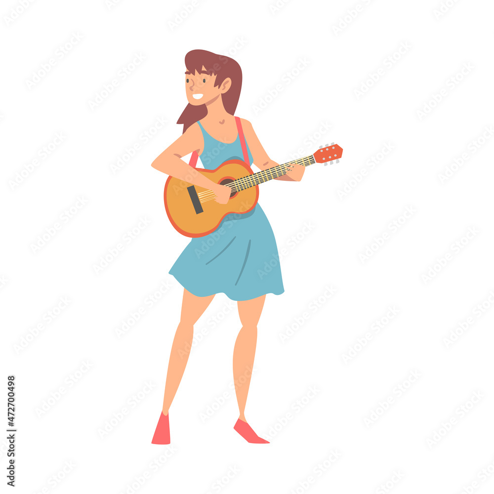Smiling Woman Character Musician Performing Music Playing Guitar Vector Illustration Smiling Woman Character Musician Performing Music Playing Guitar Vector Illustration