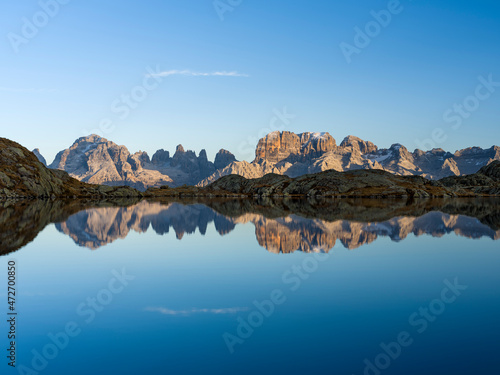 The summits of Brenta mountain range are reflected in Lago Nero Fototapet