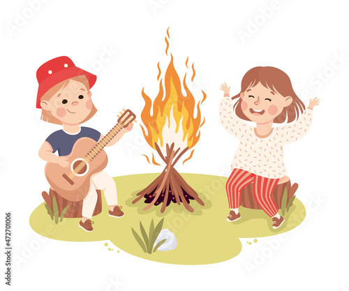 Little Girl Sitting on Tree Stump Near Campfire Playing Guitar and Singing Vector Illustration