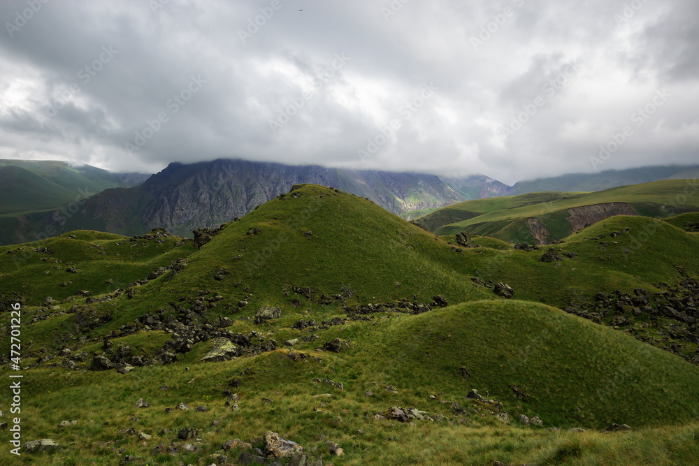 High, beautiful mountains in the Elbrus region. Unusual landscape and fantastic scenery. Beautiful mountain landscape in Kabardino-Balkaria, Russia